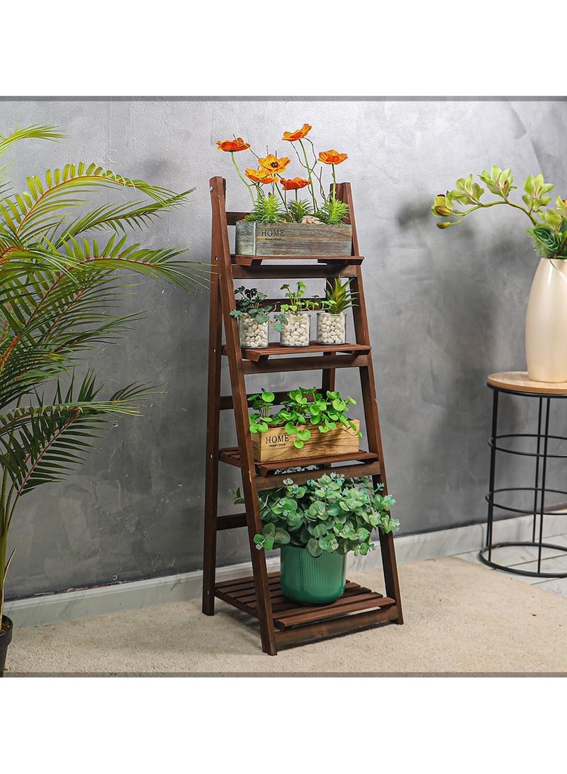 LINGWEI Pure Solid Wood Ladder Design Flowers Pot Stand Flowers Plants Pot Rack Wooden Book Rack Bookshelf Storage Organizer Brown  - Image 1