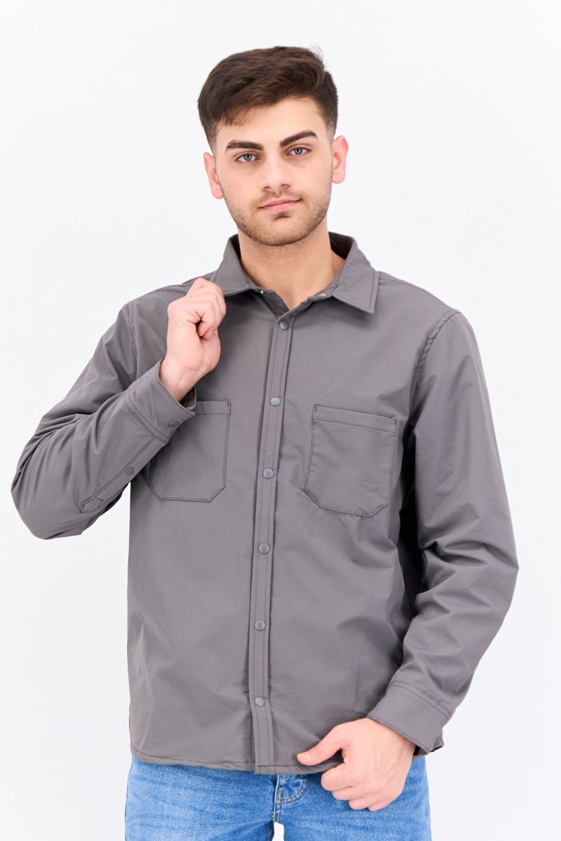 Threadbare Men Plain Long Sleeve Jacket Shirt, Grey - Image 1