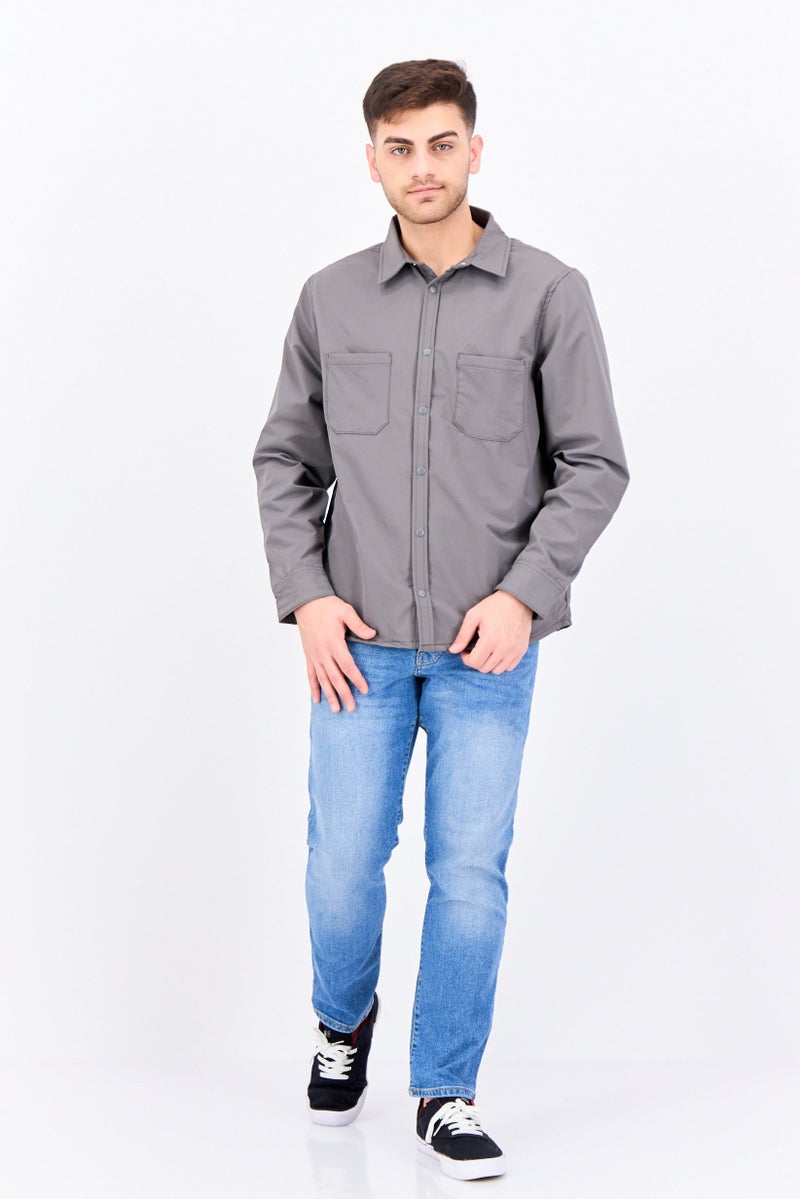 Threadbare Men Plain Long Sleeve Jacket Shirt, Grey - Image 4