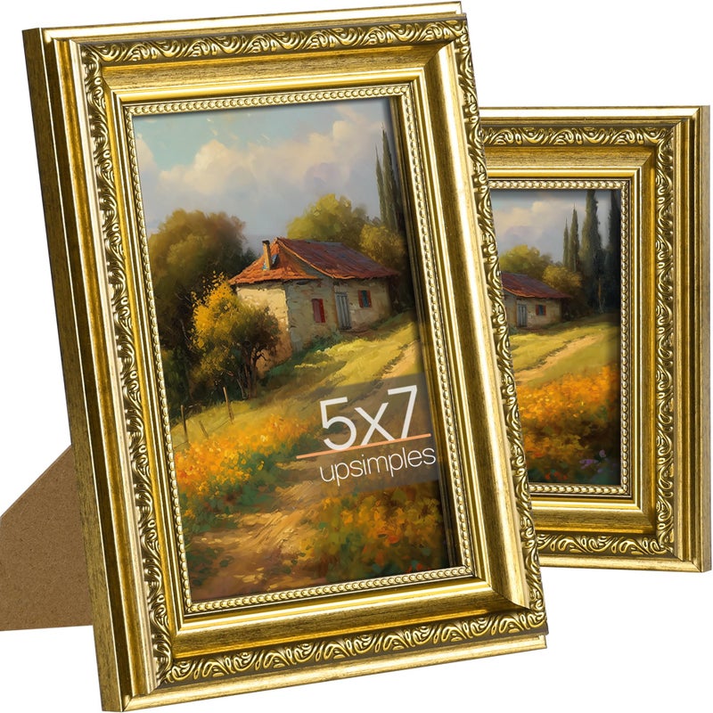upsimples 5x5 Picture Frame with Real Glass  2 Pack Ornate Vintage Picture Frames for Wall or Tabletop Display  Gold 5 x 5 Frame for Wall D?cor - Image 1