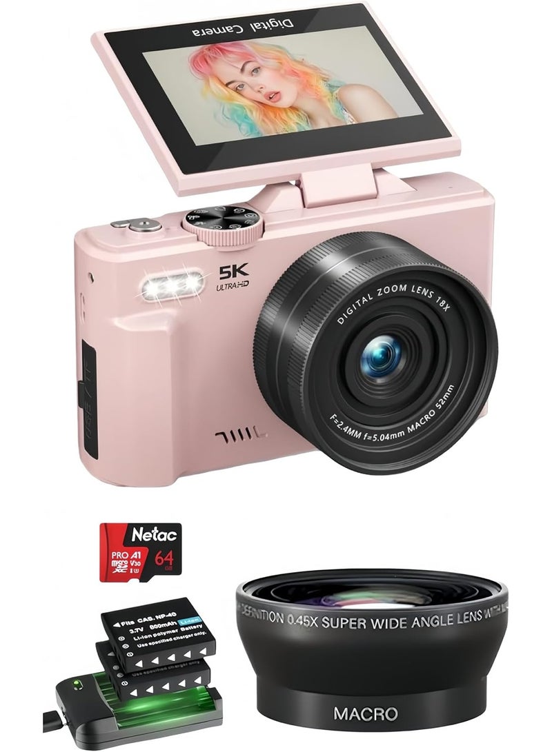 Lecran 5K Ultra HD Digital Camera, 75MP, Pink Metal Body, 3" Flip Screen, Wide Angle & Macro Lens, 64GB Card, Dual Battery for Photography & Vlogging - Image 1
