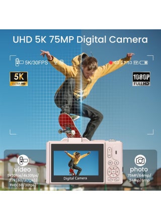 5K Ultra HD Digital Camera, 75MP, Pink Metal Body, 3" Flip Screen, Wide Angle & Macro Lens, 64GB Card, Dual Battery for Photography & Vlogging - view 2