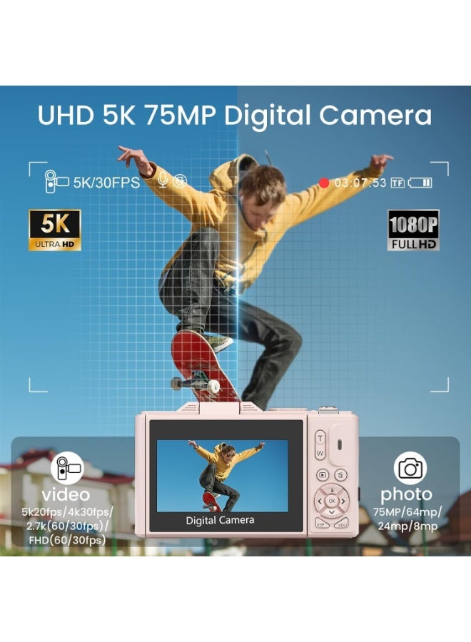 Lecran 5K Ultra HD Digital Camera, 75MP, Pink Metal Body, 3" Flip Screen, Wide Angle & Macro Lens, 64GB Card, Dual Battery for Photography & Vlogging - Image 2