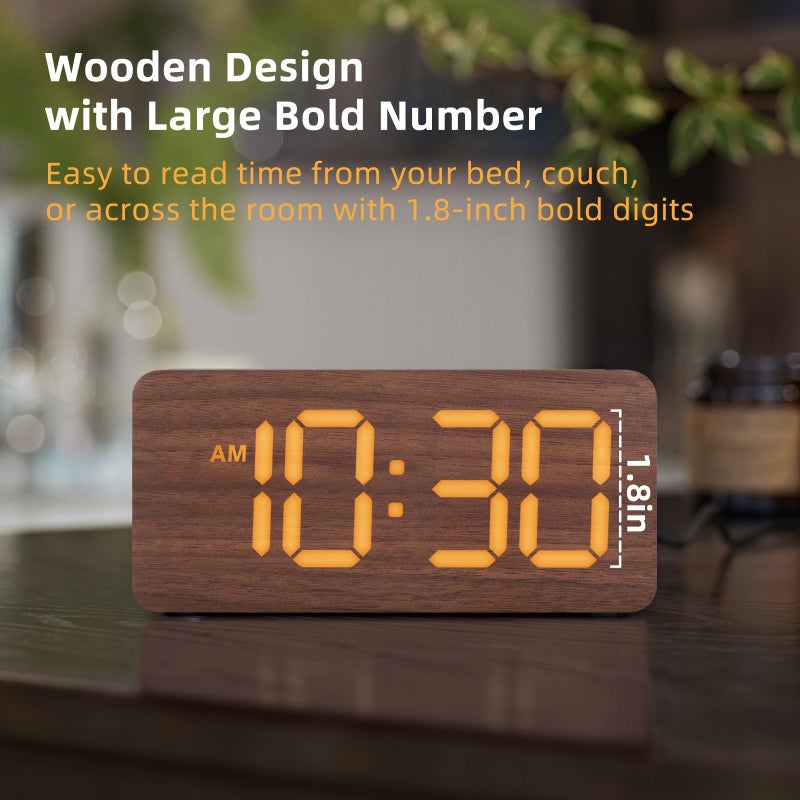 uscce Wooden Digital Alarm Clocks for Bedrooms: Dimmable Dual Alarm Clock with Large Numbers for Bedside Desk - Loud Alarm for Heavy Sleepers with Volume Control - Wood Decor & Gifts - Image 2