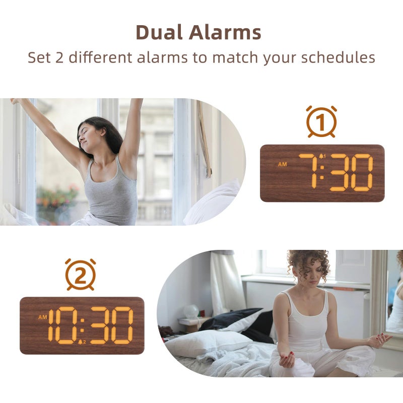 uscce Wooden Digital Alarm Clocks for Bedrooms: Dimmable Dual Alarm Clock with Large Numbers for Bedside Desk - Loud Alarm for Heavy Sleepers with Volume Control - Wood Decor & Gifts - Image 5