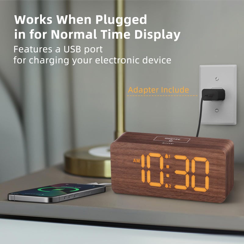 uscce Wooden Digital Alarm Clocks for Bedrooms: Dimmable Dual Alarm Clock with Large Numbers for Bedside Desk - Loud Alarm for Heavy Sleepers with Volume Control - Wood Decor & Gifts - Image 3