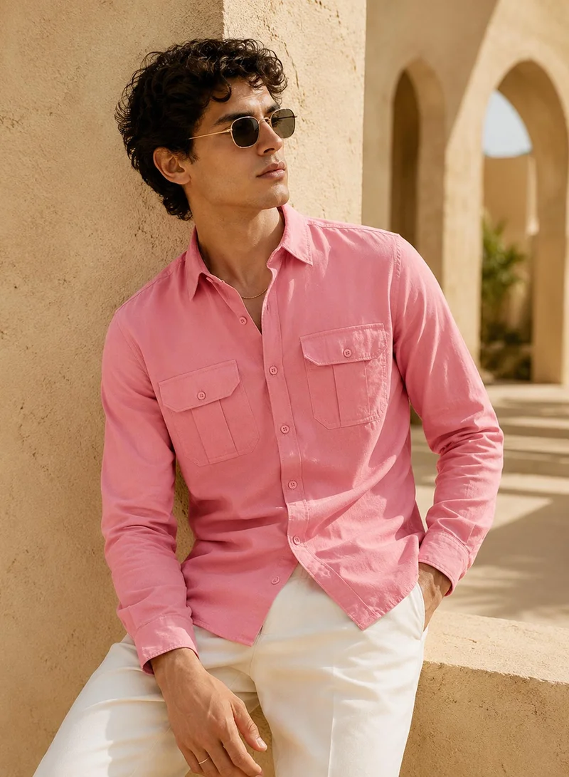 CAHOOT Men's Pink Plain/Basic Regular Shirt For Casual Wear | Collared Neck | Long Sleeve | Button Closure | Cotton Shirt Crafted With Comfort Fit For Everyday Wear