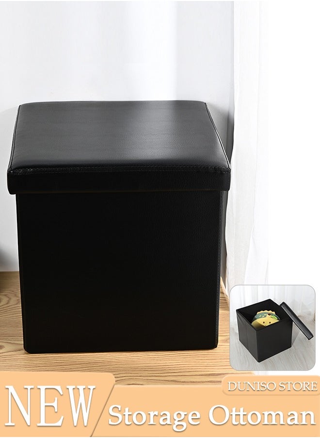 DUNISO - Leather Folding Storage Ottoman Cube Storage Boxes Footrest Stool Stylish Small Ottomans with Foam Padded Seat for Storage and Seating - Image 1