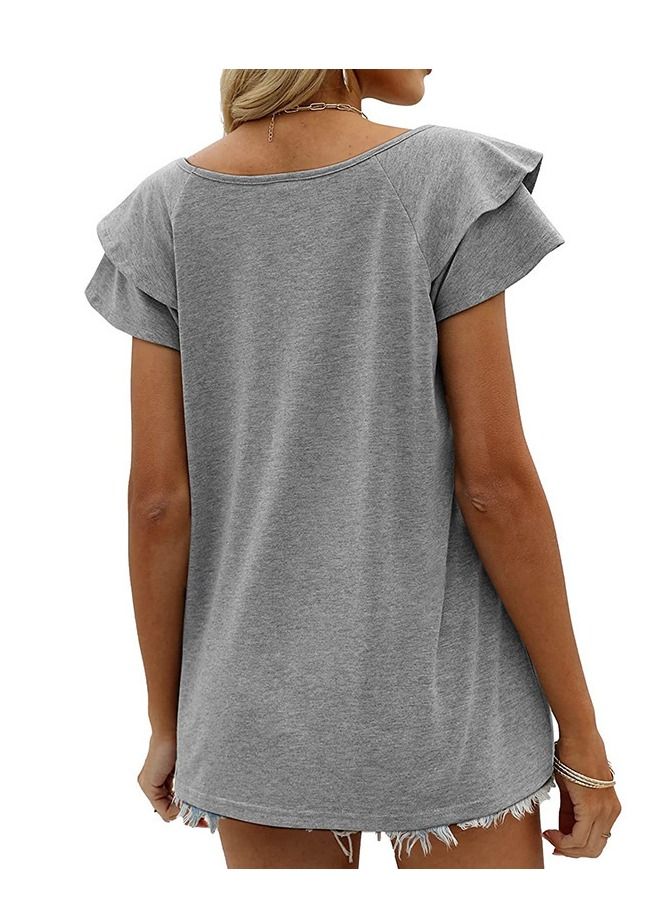 Loquat New Women's V-neck Double-layer Lotus Leaf Short Sleeve T-Thirt  - Image 2