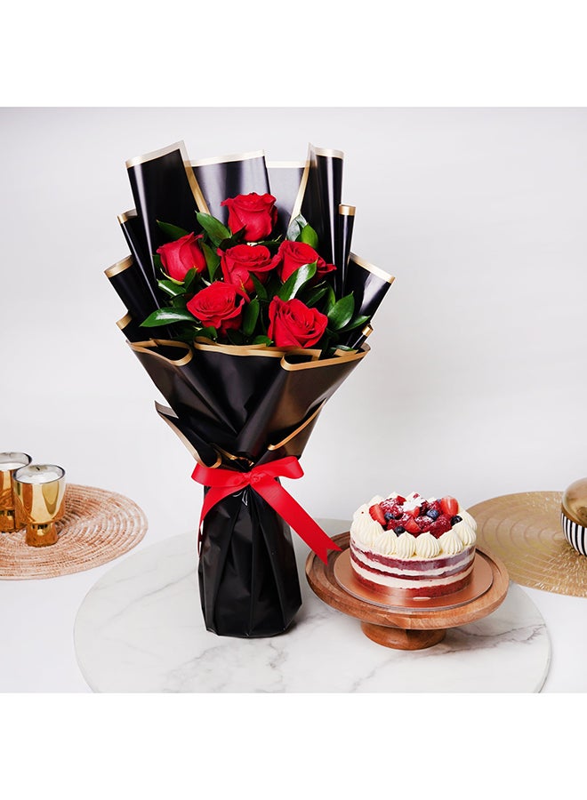 كومبو باقة ورود جوري أحمر مع كيك رد فلفت نصف كيلو