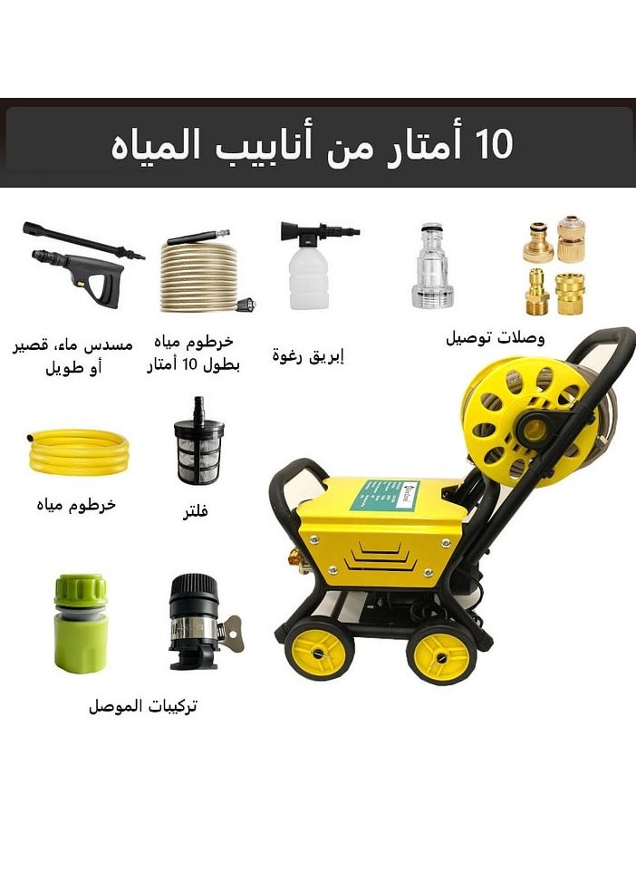 GearZone - 2000W High Pressure Washer, Electric Pressure Washer for Car, Home,Garden, Fast Moving with 4PCS Wheels and Tigger Washing Gun,10 Meter Hose and Soap Dispenser, Color Yellow - Image 1