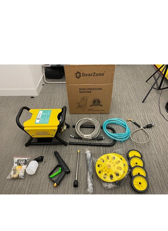 GearZone - 2000W High Pressure Washer, Electric Pressure Washer for Car, Home,Garden, Fast Moving with 4PCS Wheels and Tigger Washing Gun,10 Meter Hose and Soap Dispenser, Color Yellow - Image 1