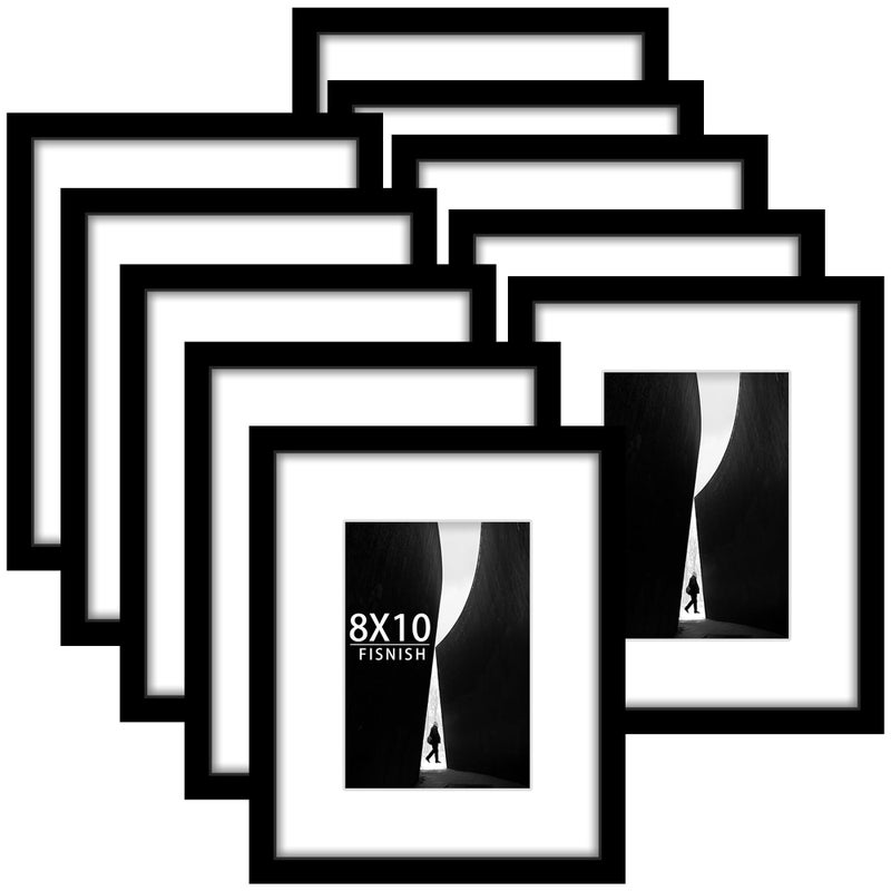 Fisnish 8x10 Picture Frame Sef of 10, Display Pictures 5x7 with Mat or 8 x 10 Without Mat, Photo Frame Collage for Wall Gallery Decor, Hanging or Tabletop Display, Black - Image 1