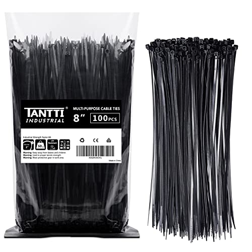 TANTTI Zip Ties 8 inch Black Zip Ties with 50 Pounds Tensile Strength,Cable Ties,100 Pack, by Tantti Supply - Image 1