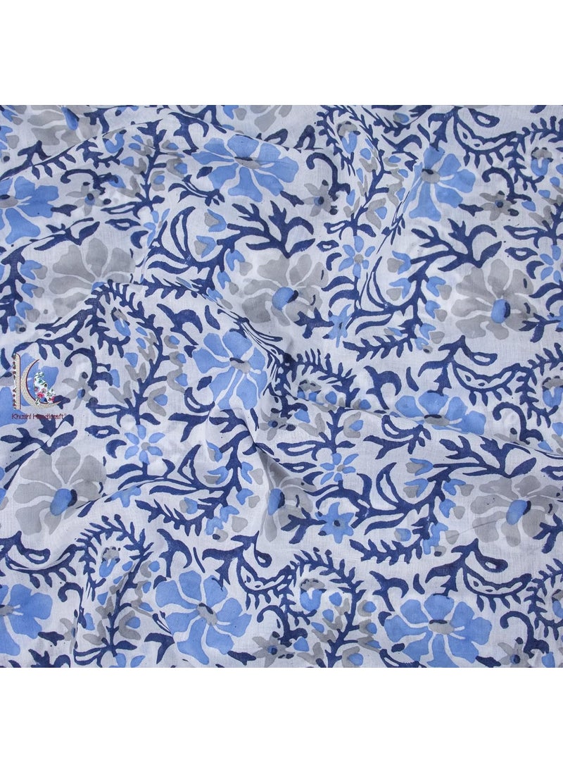 KHUSHI HANDICRAFT Khushi Handicraft Pure Soft Cotton Voile Floral Pattern Hand Block Printed Unstitched 100 Fabric for Making Dress 3 Meter Blue Dark Blue Flower  - Image 4
