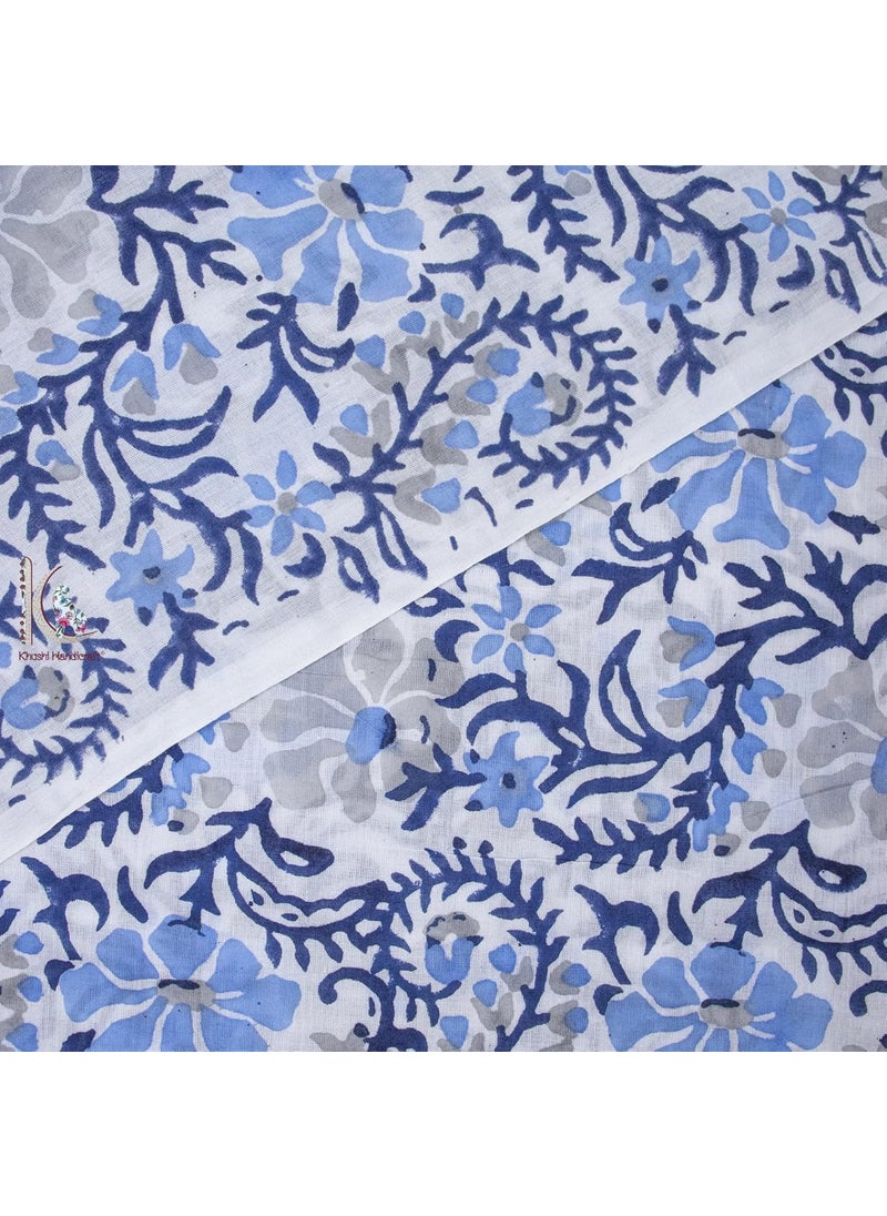 KHUSHI HANDICRAFT Khushi Handicraft Pure Soft Cotton Voile Floral Pattern Hand Block Printed Unstitched 100 Fabric for Making Dress 3 Meter Blue Dark Blue Flower  - Image 5