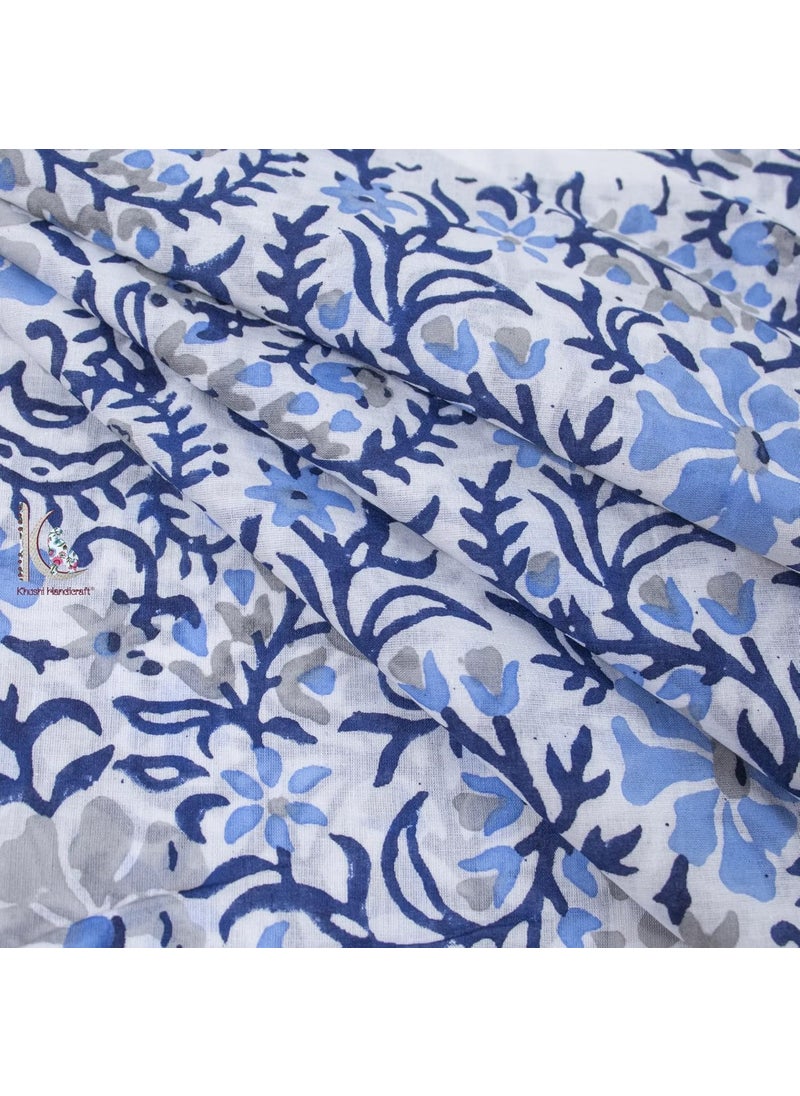 KHUSHI HANDICRAFT Khushi Handicraft Pure Soft Cotton Voile Floral Pattern Hand Block Printed Unstitched 100 Fabric for Making Dress 3 Meter Blue Dark Blue Flower  - Image 3