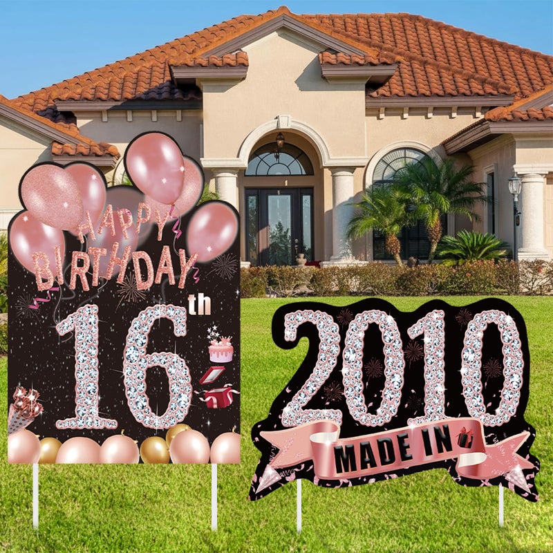 Zeptrix 2Pcs Birthday Yard Signs Sweet 16 Party Decorations Happy 16 Birthdays Yard Sign Made in 2010 Lawn Signs Party Supplies With Stakes Weatherproof Outdoor Sixteen Years Old Decorations for Girls - Image 1