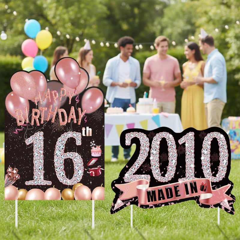 Zeptrix 2Pcs Birthday Yard Signs Sweet 16 Party Decorations Happy 16 Birthdays Yard Sign Made in 2010 Lawn Signs Party Supplies With Stakes Weatherproof Outdoor Sixteen Years Old Decorations for Girls - Image 5