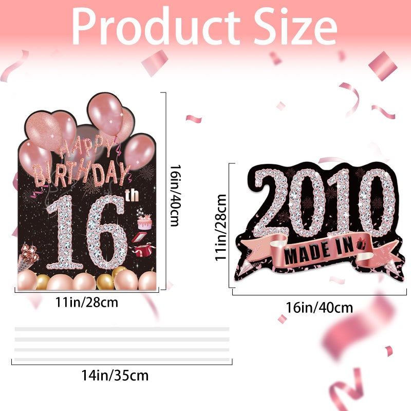 Zeptrix 2Pcs Birthday Yard Signs Sweet 16 Party Decorations Happy 16 Birthdays Yard Sign Made in 2010 Lawn Signs Party Supplies With Stakes Weatherproof Outdoor Sixteen Years Old Decorations for Girls - Image 2