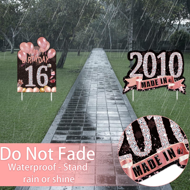 Zeptrix 2Pcs Birthday Yard Signs Sweet 16 Party Decorations Happy 16 Birthdays Yard Sign Made in 2010 Lawn Signs Party Supplies With Stakes Weatherproof Outdoor Sixteen Years Old Decorations for Girls - Image 4