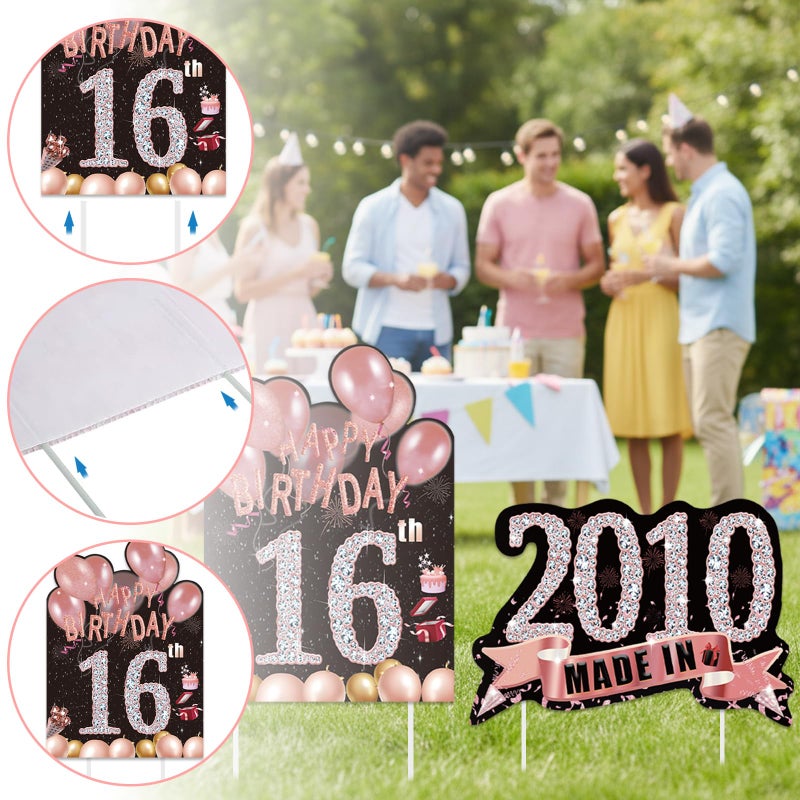 Zeptrix 2Pcs Birthday Yard Signs Sweet 16 Party Decorations Happy 16 Birthdays Yard Sign Made in 2010 Lawn Signs Party Supplies With Stakes Weatherproof Outdoor Sixteen Years Old Decorations for Girls - Image 3