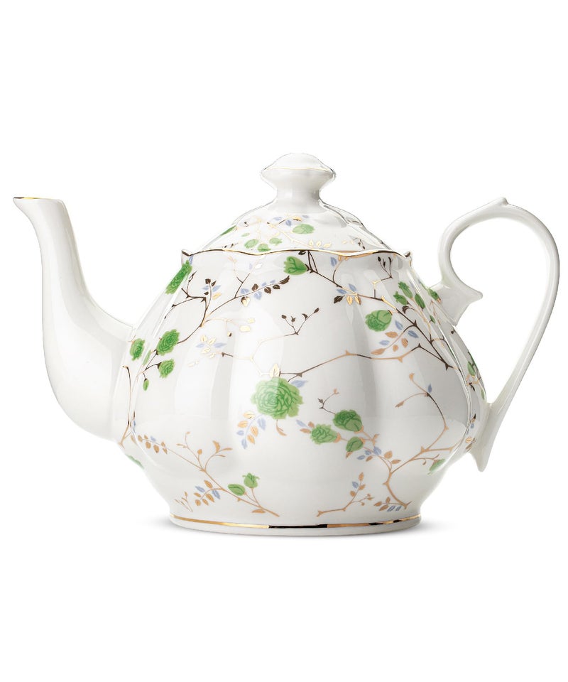 BTaT Floral Tea Pot 38 oz White with Green Roses  Gold Trim Porcelain Teapot Ceramic Dishwasher Safe Christmas Gifts