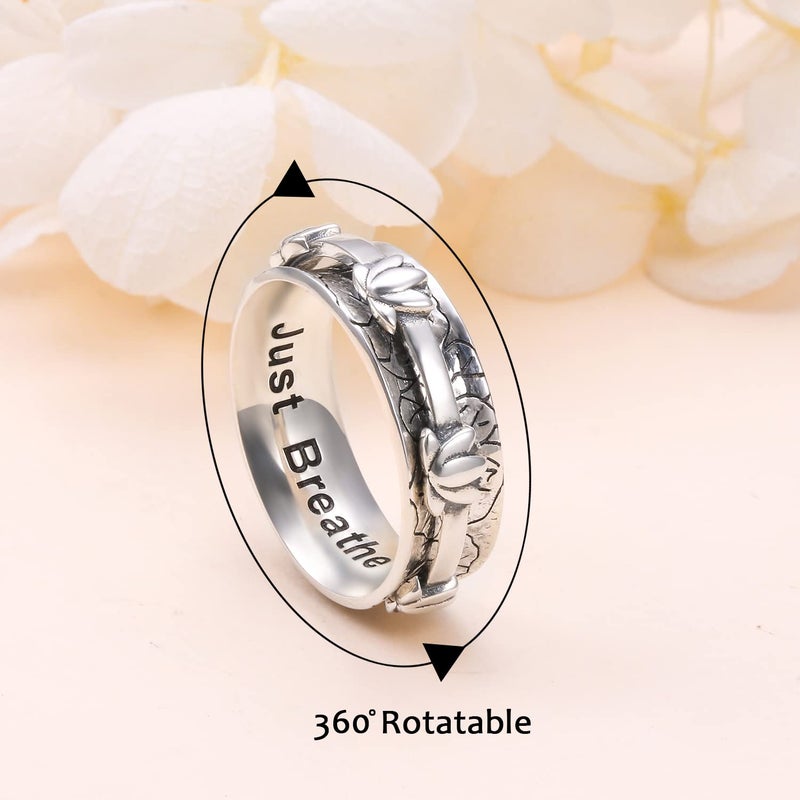 Ladytree Lotus Anxiety Relieve Spinner Rings Just Breathe Yoga Flower Fidget Ring Wide Band Oxidized Sterling Silver ADHD Stress Relieving Ring for Women(7) - Image 2