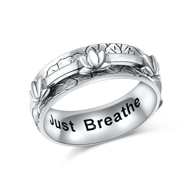 Ladytree Lotus Anxiety Relieve Spinner Rings Just Breathe Yoga Flower Fidget Ring Wide Band Oxidized Sterling Silver ADHD Stress Relieving Ring for Women(7) - Image 1