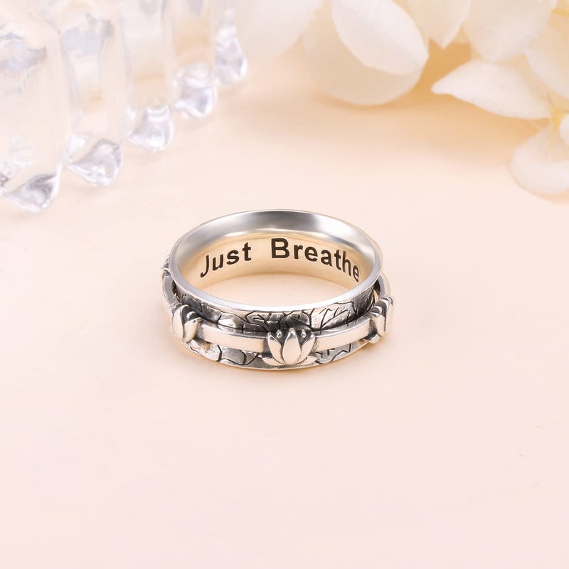 Ladytree Lotus Anxiety Relieve Spinner Rings Just Breathe Yoga Flower Fidget Ring Wide Band Oxidized Sterling Silver ADHD Stress Relieving Ring for Women(7) - Image 5