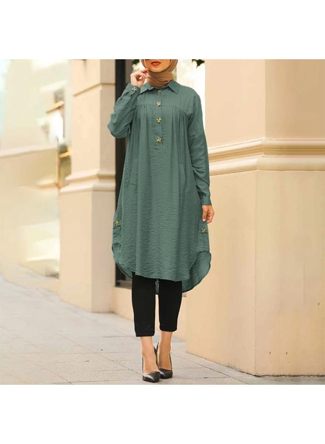 Muslim Quality 202 Summer Artistic National Style Retro Women's Cotton And Linen Pullover Stand Collar A- Line Dress 