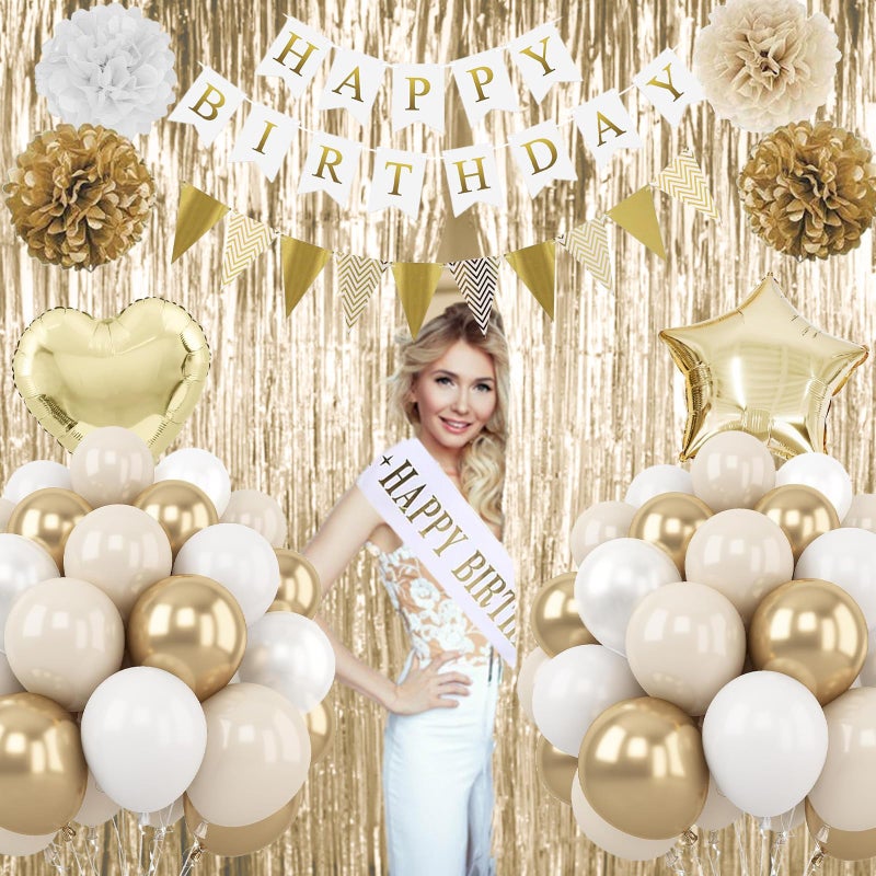 Togvu White Gold Birthday Decorations, Beige Gold Party DÃ©cor with Foil & Latex Balloons Sash Fringe Curtains Happy Birthday Banner Cake Topper Paper Pompoms Party Decor for Women Girl - Image 4