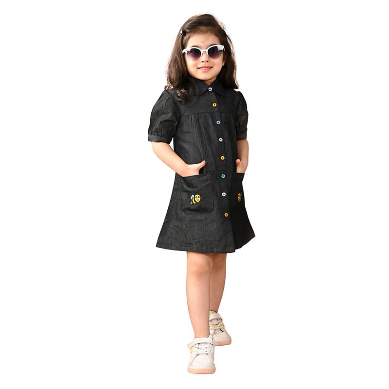 superminis Girls Denim Solid Color Half Sleeves Dress with Embroidered Pocket (3-4 Years, Black) (1 Dress) - Image 1