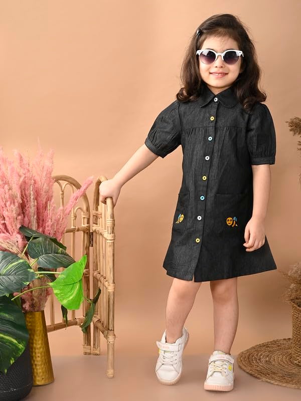 superminis Girls Denim Solid Color Half Sleeves Dress with Embroidered Pocket (3-4 Years, Black) (1 Dress) - Image 2