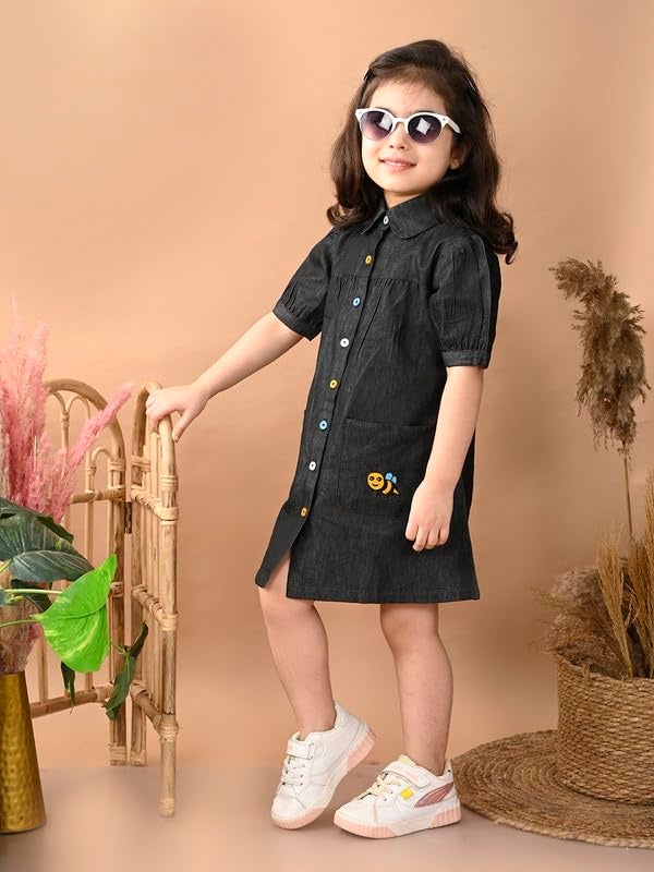 superminis Girls Denim Solid Color Half Sleeves Dress with Embroidered Pocket (3-4 Years, Black) (1 Dress) - Image 3
