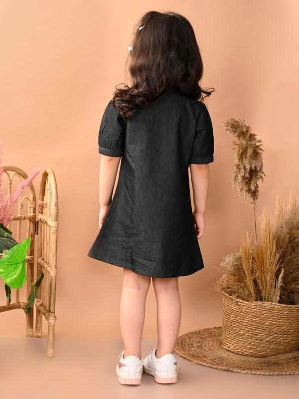 superminis Girls Denim Solid Color Half Sleeves Dress with Embroidered Pocket (3-4 Years, Black) (1 Dress) - Image 5
