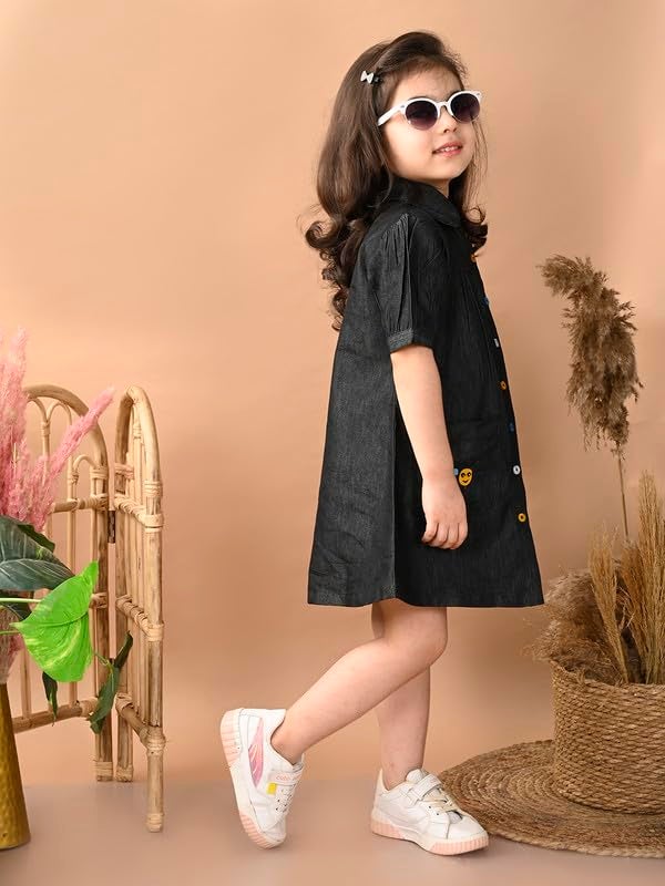 superminis Girls Denim Solid Color Half Sleeves Dress with Embroidered Pocket (3-4 Years, Black) (1 Dress) - Image 4