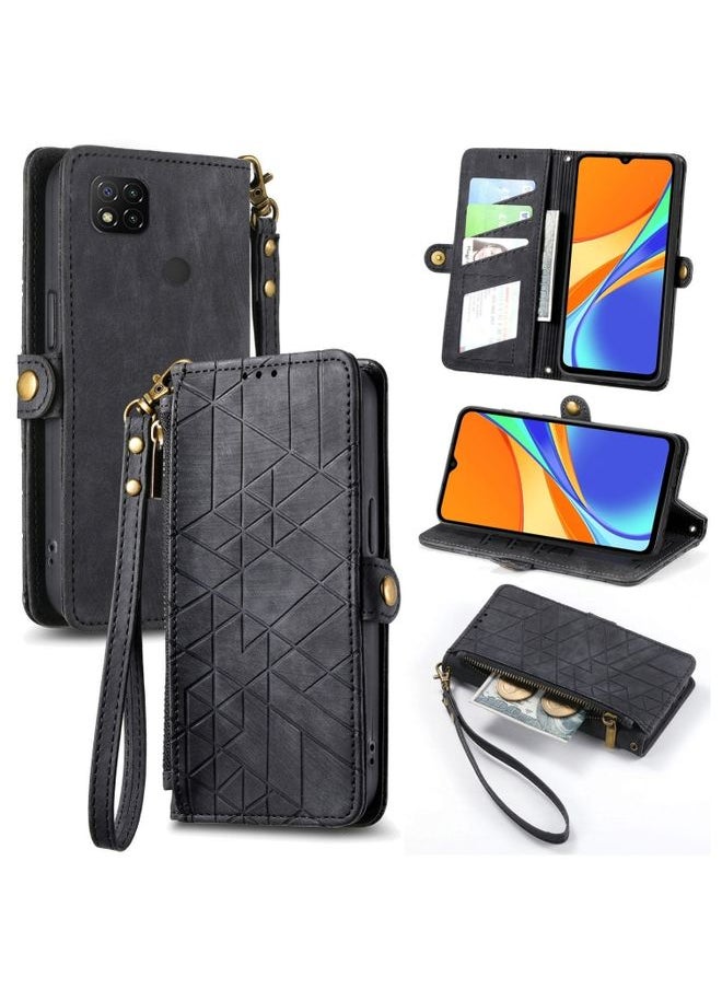 HuHa Case Cover For Xiaomi Redmi 9C Geometric Zipper Wallet Side Buckle Leather Phone Case Black 