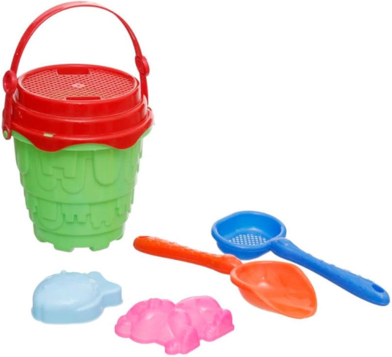 DIS-003 Plastic Sea Toy Set Of 5 Pieces Of Medium Bucket, Assorted Digging Tools And Molds - Multi Color