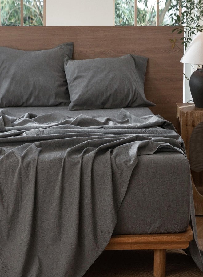 MooMee Bedding Sheet Set 100% Washed Cotton Linen Like Textured Breathable Durable Soft Comfy (Heathered Dark Grey, Full) - Image 5