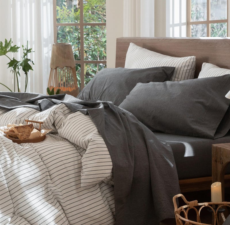 MooMee Bedding Sheet Set 100% Washed Cotton Linen Like Textured Breathable Durable Soft Comfy (Heathered Dark Grey, Full) - Image 1