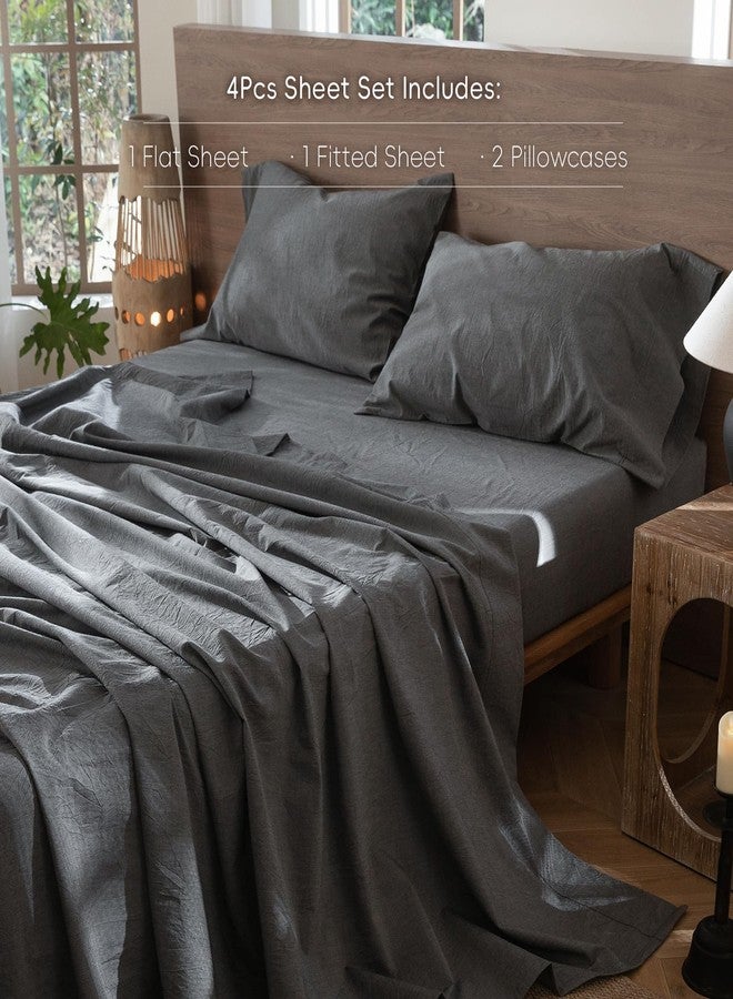MooMee Bedding Sheet Set 100% Washed Cotton Linen Like Textured Breathable Durable Soft Comfy (Heathered Dark Grey, Full) - Image 2