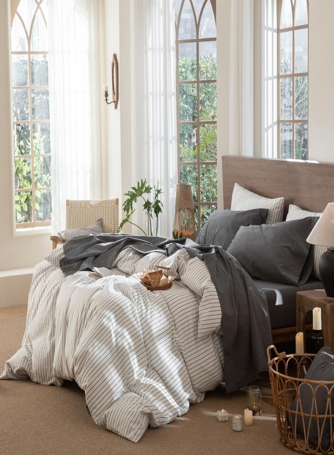 MooMee Bedding Sheet Set 100% Washed Cotton Linen Like Textured Breathable Durable Soft Comfy (Heathered Dark Grey, Full) - Image 3