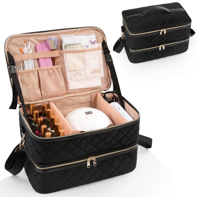 Ethereal Nail Polish Organizer Case Holds 50+ Bottles(15ml/0.5fl.oz) and Nail Lamp, Double Layer Nail Polish Storage Bag for Nail Kit, Manicure Tools, Black - Image 1