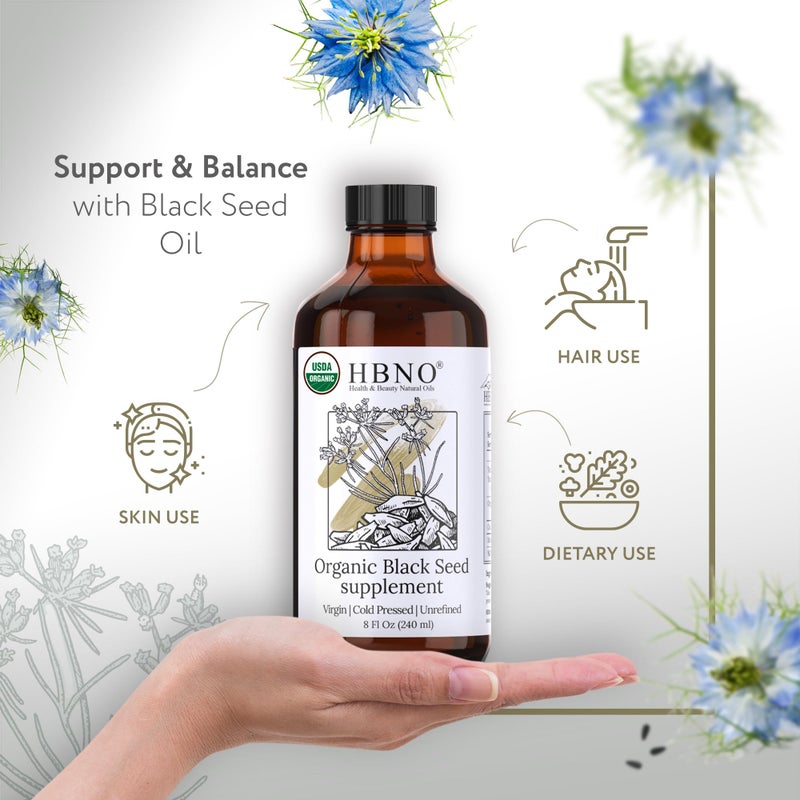 HBNO Organic Black Seed Oil 8 fl oz (240ml) Value Size - USDA Certified Organic Black Seed Oil Organic Cold Pressed - Black Cumin Seed Oil Organic - Image 2
