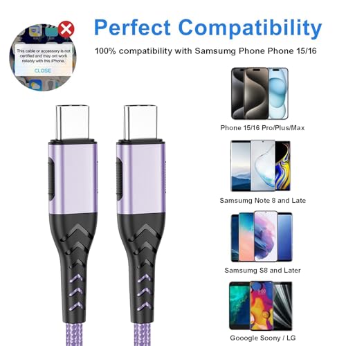 Durcord USB C to USB C Cable, 2Pack 100W 10ft USB C Charger Cable Fast Charging for Android/Phone/Pad, Type C to Type C Charger Braided USB Cable Compatible with Phone 16/15 Pro Plus Max Purple - Image 5