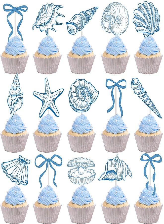 اوموني زينة كب كيك على شكل نجمة البحر وأصداف البحر، 24 قطعة، زينة كعك حفلات بحرية ساحلية، صدفة بحرية زرقاء، زينة كب كيك لحفلات الزفاف تحت البحر وحفلات أعياد الميلاد - Image 1