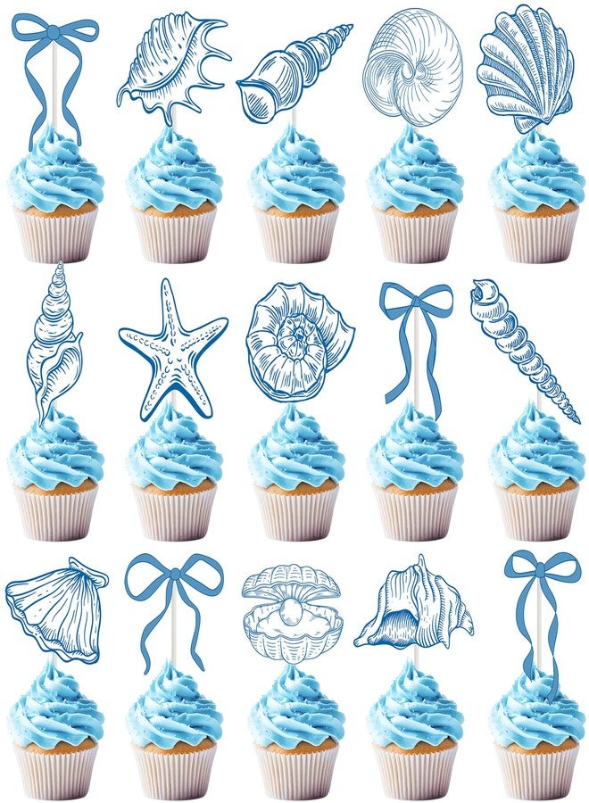اوموني زينة كب كيك على شكل نجمة البحر وأصداف البحر، 24 قطعة، زينة كعك حفلات بحرية ساحلية، صدفة بحرية زرقاء، زينة كب كيك لحفلات الزفاف تحت البحر وحفلات أعياد الميلاد - Image 2