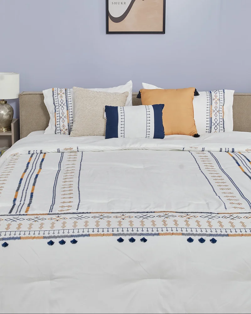 REDTAG Ivory And Blue 7 Piece Embroidered Comforter Set (260 x 240 cm)