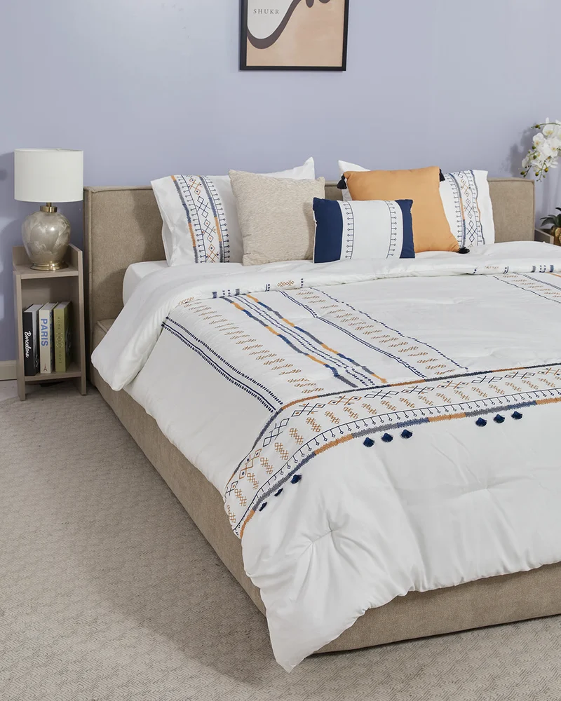 REDTAG Ivory And Blue 7 Piece Embroidered Comforter Set (260 x 240 cm)
